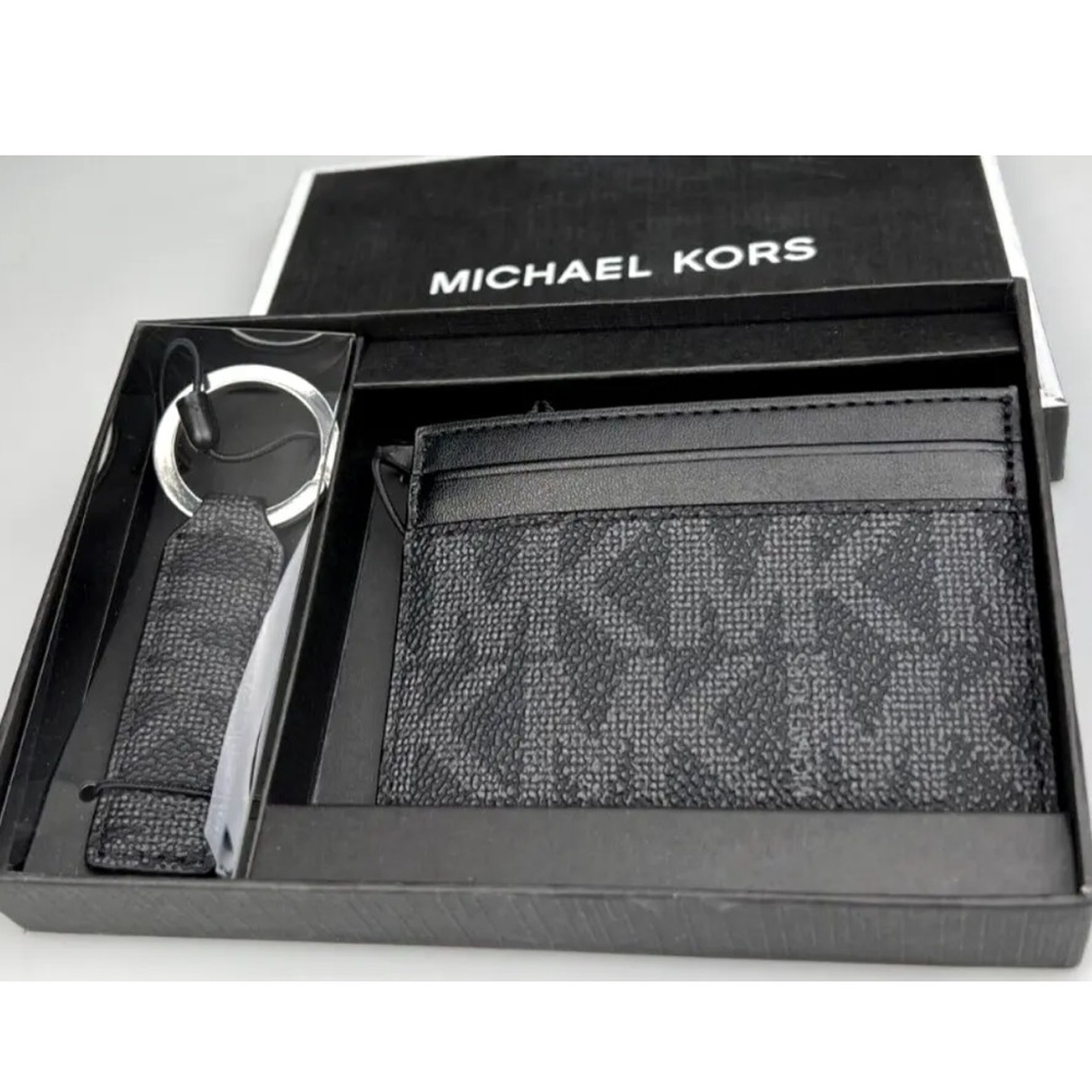 NEW Michael Kors Signature Leather Card Holder Wallet Key Ring Set
